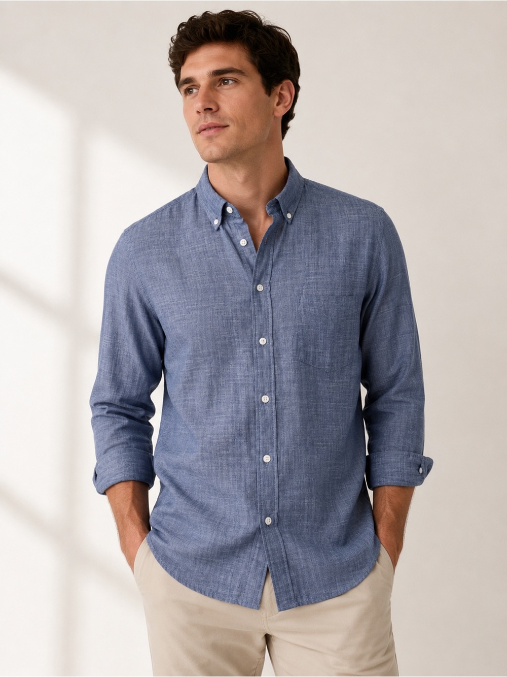 Casual Long-Sleeve Button-Down Shirt in Chambray Blue